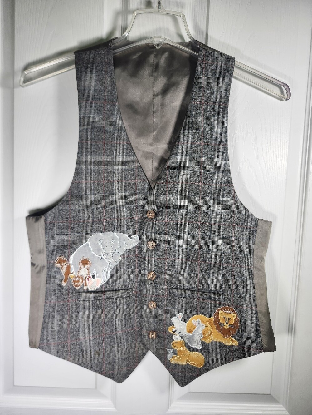 Whimysical Gray Plaid Handpainted Noah's Ark Animals 3D Print Men Dress Vest S L